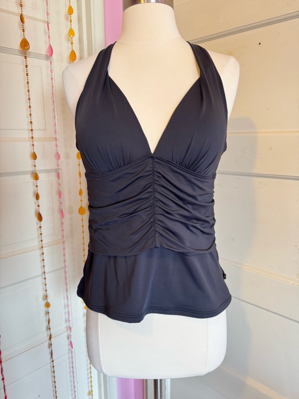 La Vie En Rose Aqua Black Tankini Top Size M Halter V Neck Ruched Swim